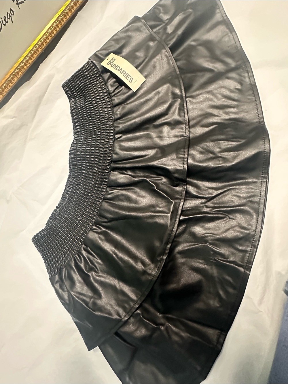 No Boundaries Black Faux Leather Tiered Mini Skirt with Smocked Waist - Picture 3 of 10